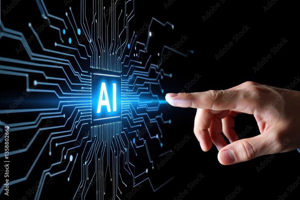 Aufkleber engaging with the digital frontier as a hand touches the glowing ai symbol amidst an intricate circu