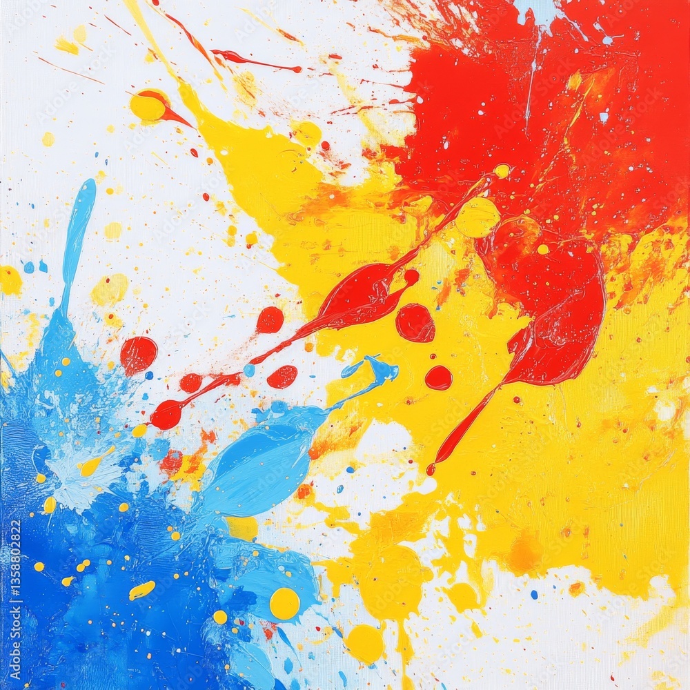 Aufkleber abstract art: a vibrant explosion of color on canvas - red, yellow and blue paint splatters create a
