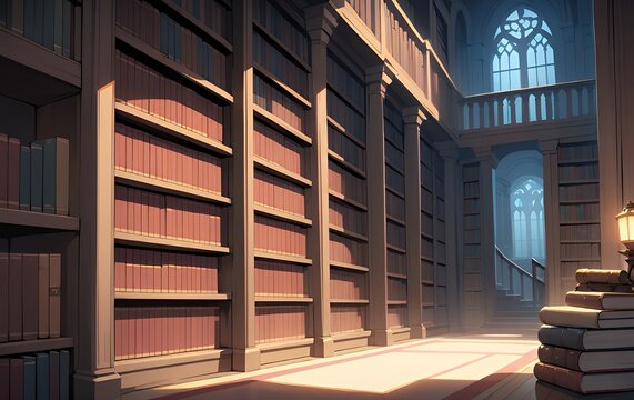 Dimly Lit Library Hallway with Wooden Bookshelves and Glowing Lantern