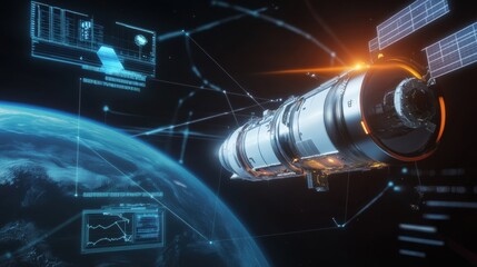 High-Tech Spacecraft Orbiting Earth with Digital Interfaces and Data