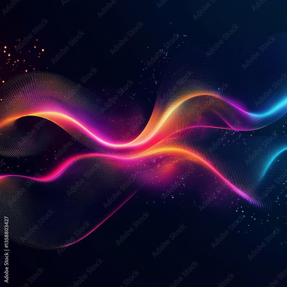 Poster abstract glowing particle waves on dark background with sparkling lights and flowing energy