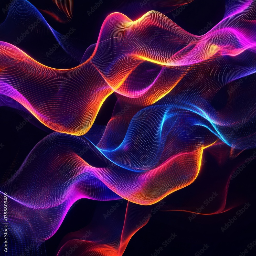 Poster abstract wavy lines: colorful glowing threads forming dynamic curves on a dark background, a mesmeri