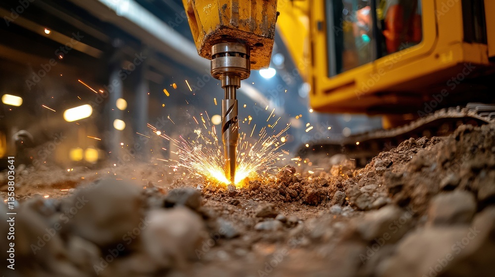 Aufkleber close-up of a heavy drill producing sparks while operating on a construction site with blurred backg