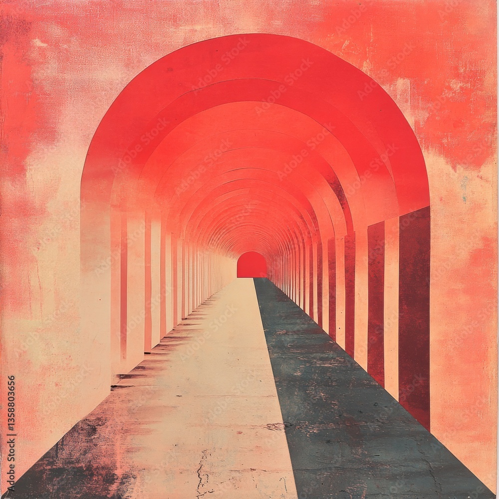 Poster a red tunnel vision: perspective view of a corridor with arches, shadowed floor leading to distant l