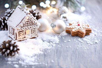 Christmas ornaments and gingerbread cookies with snow
