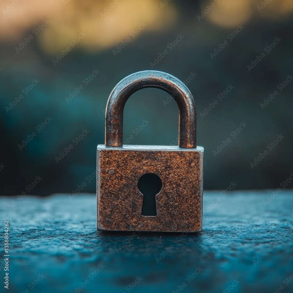 Poster close-up of an antique metal padlock showing weathering and patina, placed on a textured surface for