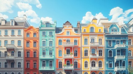 Fototapeta premium Urban apartment building with colorful facades, a mix of modern and classic architectural styles under a bright and clear sky. 