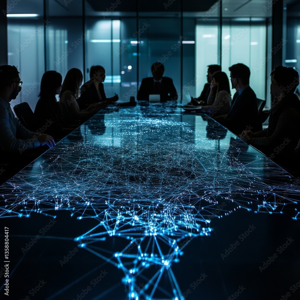 Poster data-driven decisions: business executives analyzing complex network projections in a modern confere
