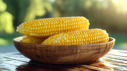 Ripe yellow corn in a wooden bowl on a table against