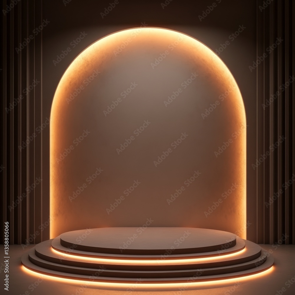 Poster elegantly illuminated: a minimalist display podium with warm tones and architectural detail