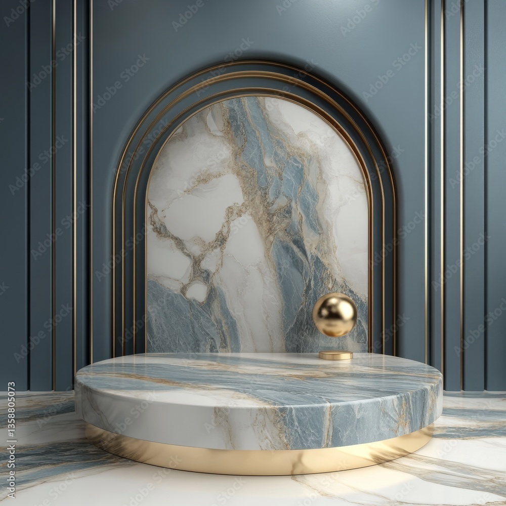 Aufkleber elegant marble display podium with gold accents and arched backdrop in a minimalist style