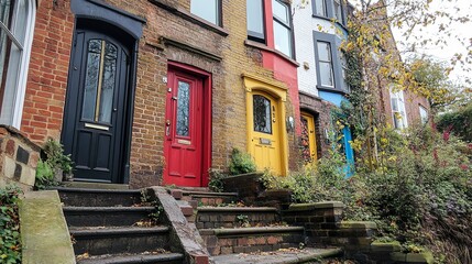 Fototapeta premium Victorian-style terraced houses in Bristol ornate details on brickwork narrow front steps leading to colorful doors tranquil setting