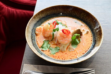 Spicy Thai Tom Yum Goong Soup with Shrimp, Noodles, and Coconut Milk