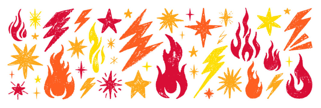 Fire, thunder, star doodle icon. Flame, lightning bolt, star crayon pencil simple scribble set. Hand drawn cartoon hot element. Flash lightning fire star pastel pattern bg. Punk Rock vector background