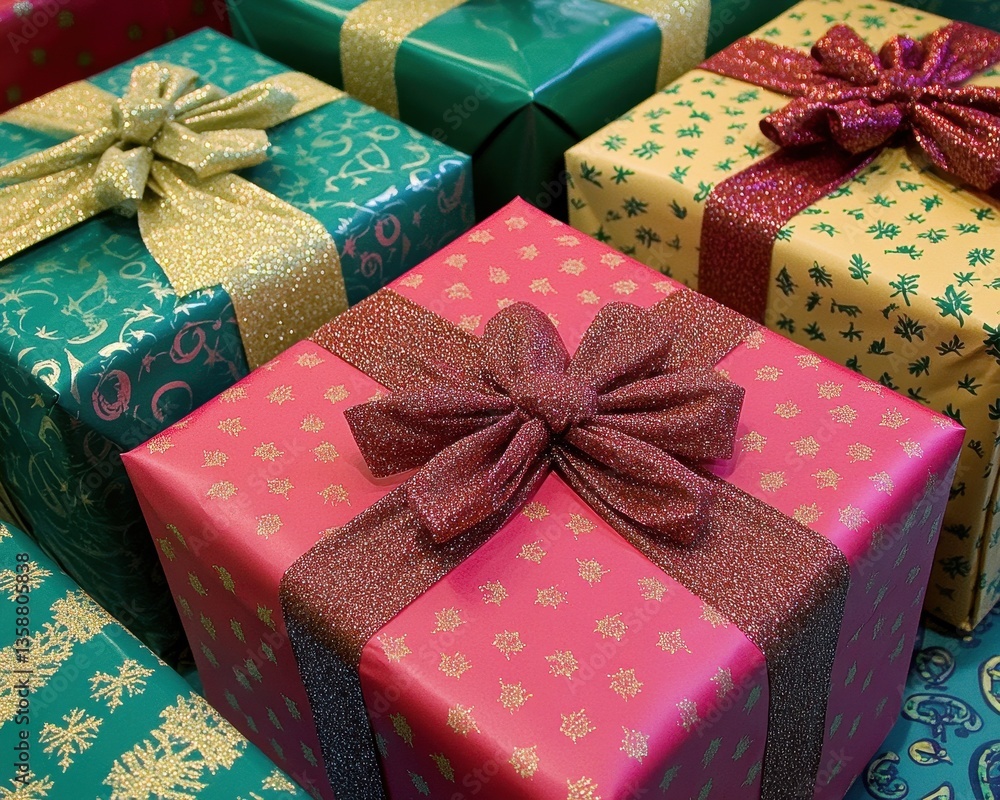 Poster a vibrant assortment of beautifully wrapped presents in various sizes, adorned with shiny bows and i