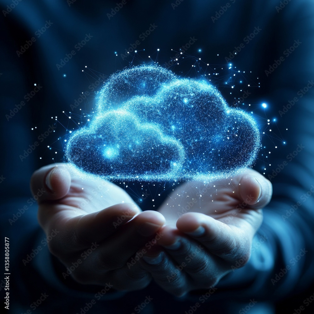 Poster holding the future: cloud computing technology in hand, representing connectivity and digital transf
