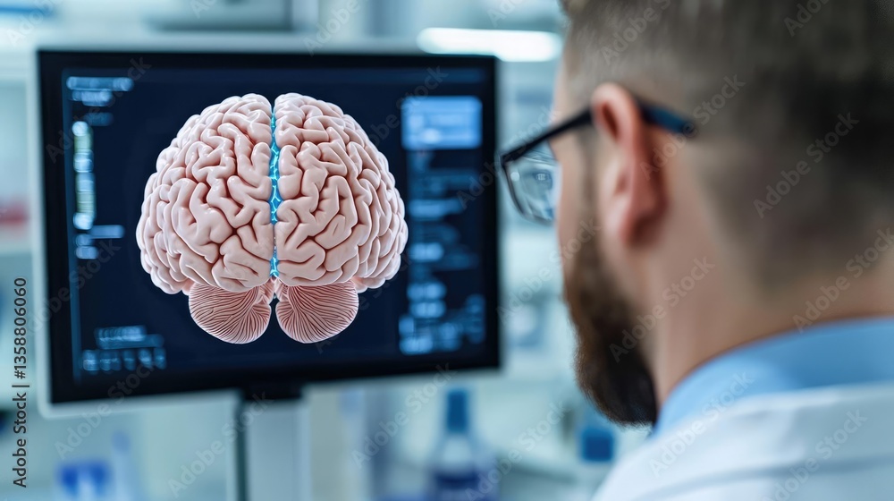 Poster scientists brain display and computer research concept. scientist analyzing a detailed brain scan on