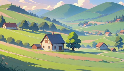 Picturesque Animated Valley Landscape Illustration with Charming Houses and Rolling Green Hills Under Sunny Sky
