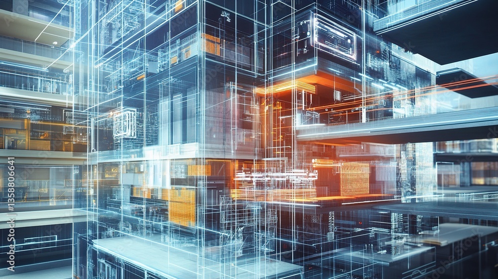 Poster cross section of a smart building under construction with gigapixel scale
