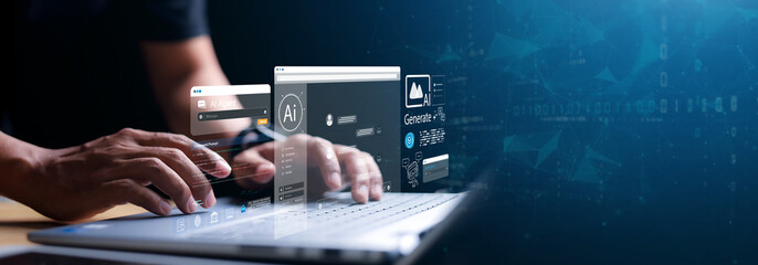 Chat with AI or Artificial Intelligence. Young businessman chatting with a smart AI or artificial intelligence using an artificial intelligence chatbot developed by OpenAI.