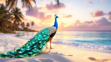 Stunning Indian Peafowl Displaying Feathers on a Maldives Shore. 