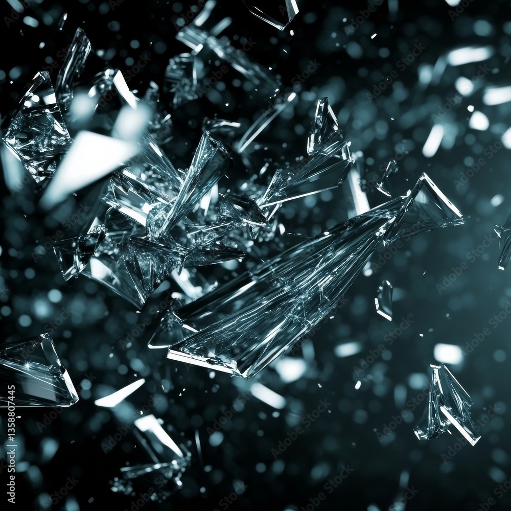Aufkleber Shattered Reality: Abstract Composition of Flying Glass Shards with Dark Background and Sparkling Light Reflections