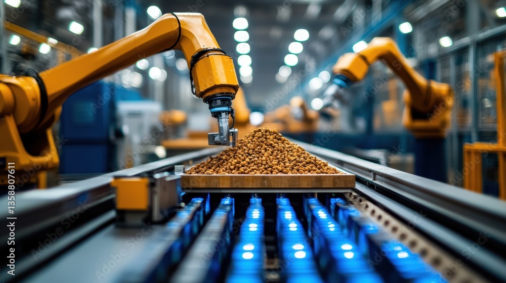 Poster automated robotic arm in modern factory handling material on production line with industrial backgro