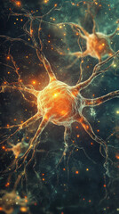 Obraz premium Microscopic view of a neuron with glowing synapses