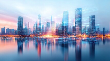 Modern City Skyline with Transparent Holographic Elements