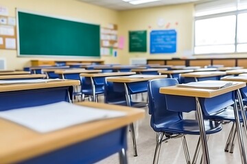 Classroom arrangement with desks and chalkboard ready for instruction