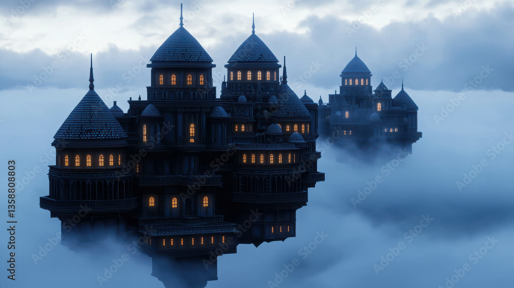 Poster ethereal floating castle surrounded by mystical clouds in twilight setting