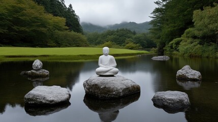 Peaceful statue on rocks in serene landscape