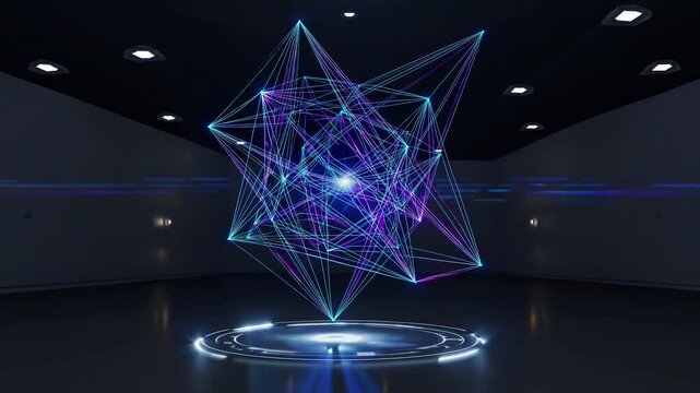 Futuristic quantum hologram rotating on a platform