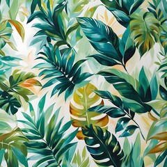 Beautiful pattern of tropical leaves. Wall decor. A mural for the room. Photo wallpapers for the interior. Tropical pattern of different leaves. Painted leaves Generative AI