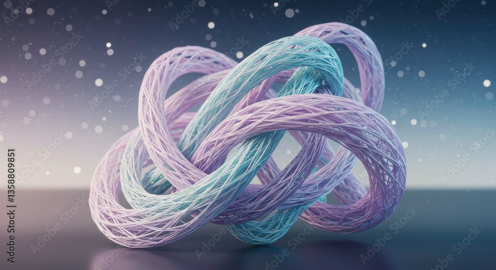 Poster abstract 3d render of intertwined lavender and teal filaments complex knot design bokeh background