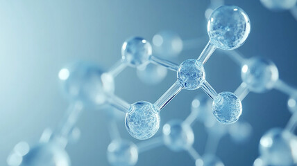 A futuristic, abstract 3D visualization of molecular structures in a glowing blue and purple atmosphere.