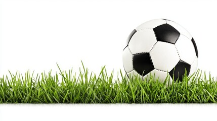 Fototapeta premium Soccer Ball Resting in Lush Green Grass on White Background Perfect for Sports Themes