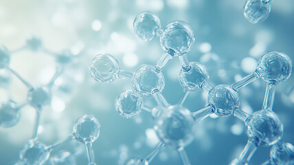 A futuristic, abstract 3D visualization of molecular structures in a glowing blue and purple atmosphere.