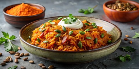 Savory Rice Dish with Creamy Topping and Toasted Seeds in a Rustic Bowl