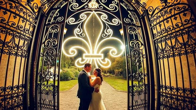 Romantic wedding video footage: Caucasian, man and woman embrace at ornate gate with fleur-de-lis, symbolizing love and commitment for a special day.