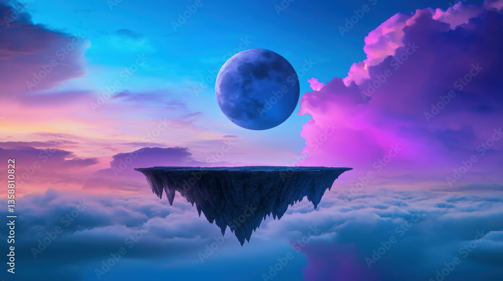 Poster surreal floating island above clouds with moon and colorful sky at dusk