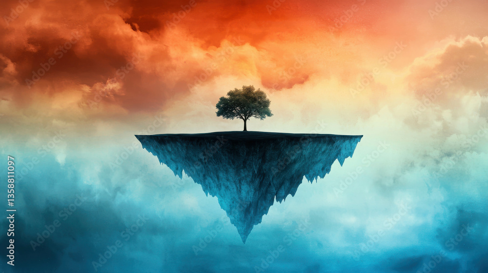 Poster floating island with tree surrounded by colorful sky and clouds at dusk