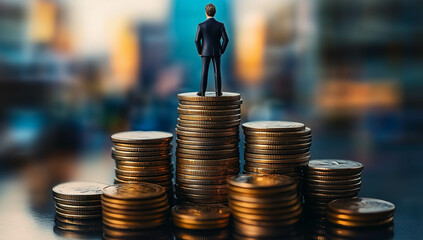 A miniature businessman standing on top of stacks of coins