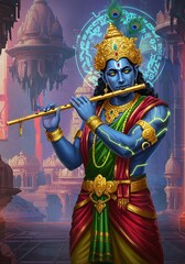 Fototapeta premium Mythical Flute Player in Vibrant Colors with Ancient Architecture Background