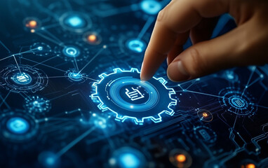  Hand touching a digital gears icon on a blue technology background with connected nodes and circles