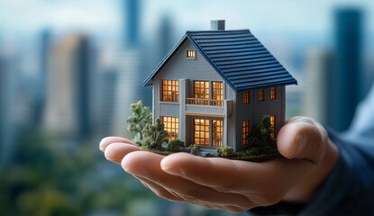 Photo of A real estate agent holding out their hand to hold an miniature house,