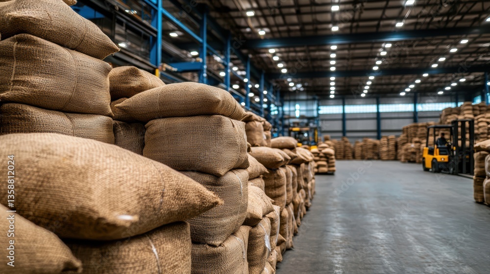 Poster stacks of burlap sacks in a large warehouse filled with neatly organized cargo and warm lighting cre