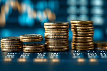 Stacks of coins on a blue background with stock market data