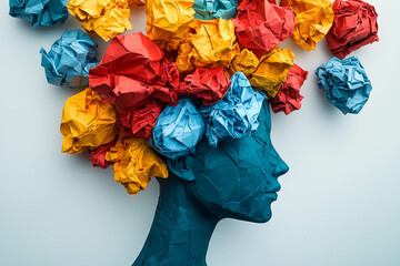 The concept of ideas and thinking with crumpled paper balls in the shape of a head on a white background