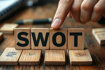 The word "SWOT" is written on wooden blocks with a hand pointing to it